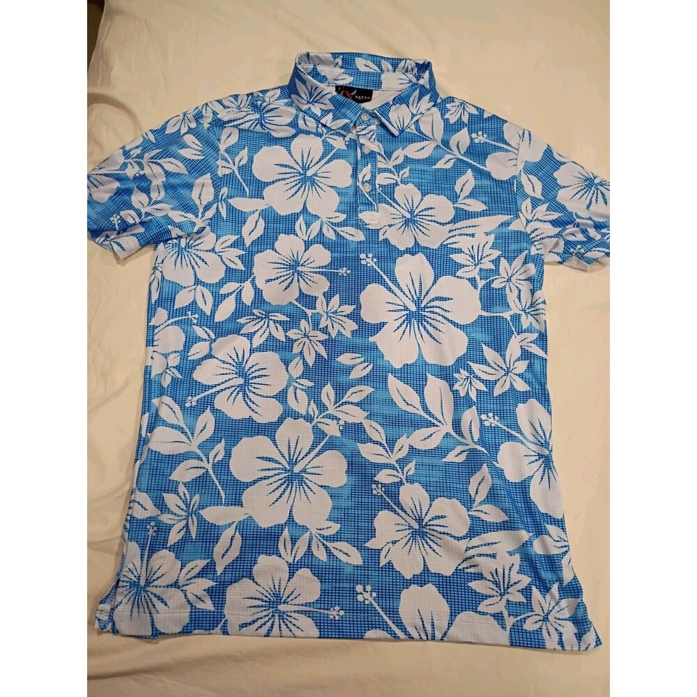 Yatta Golf Men’s Golf Polo Shirt Blue White Floral Lightweight Stretch Small